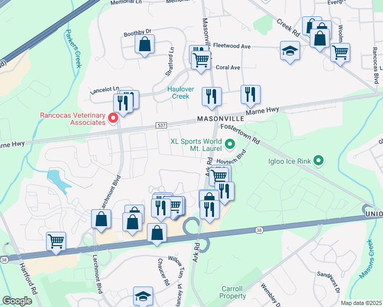 map of restaurants, bars, coffee shops, grocery stores, and more near 3401 Gramercy Way in Mount Laurel Township
