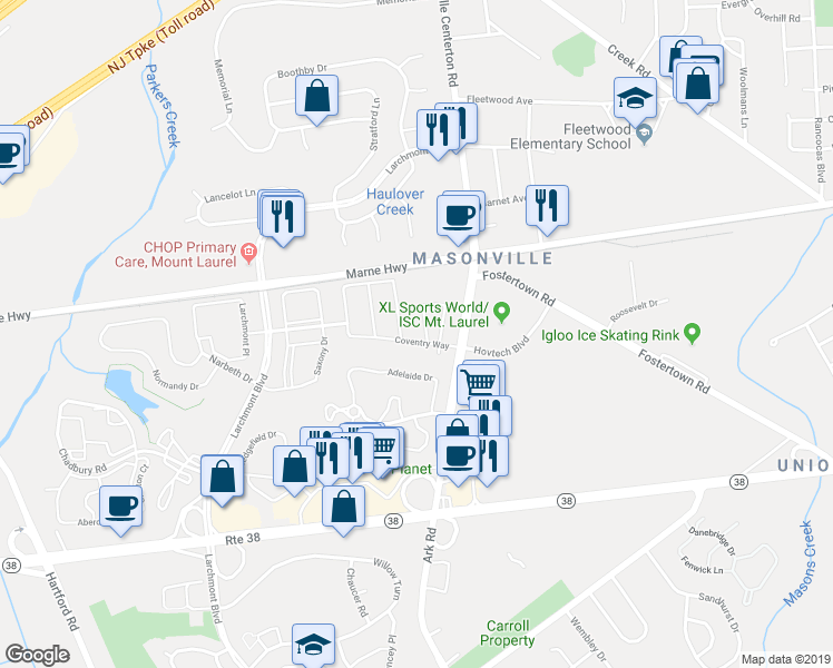 map of restaurants, bars, coffee shops, grocery stores, and more near 3401 Gramercy Way in Mount Laurel Township