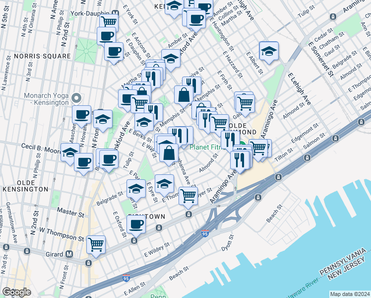 map of restaurants, bars, coffee shops, grocery stores, and more near 2437 East Dauphin Street in Philadelphia