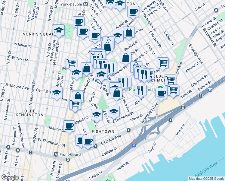 map of restaurants, bars, coffee shops, grocery stores, and more near 1530 East Susquehanna Avenue in Philadelphia