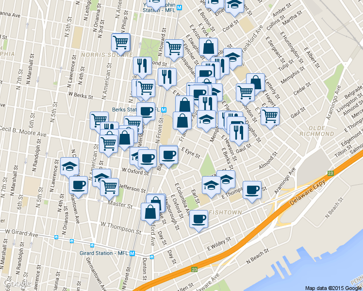 map of restaurants, bars, coffee shops, grocery stores, and more near 1767 Frankford Avenue in Philadelphia