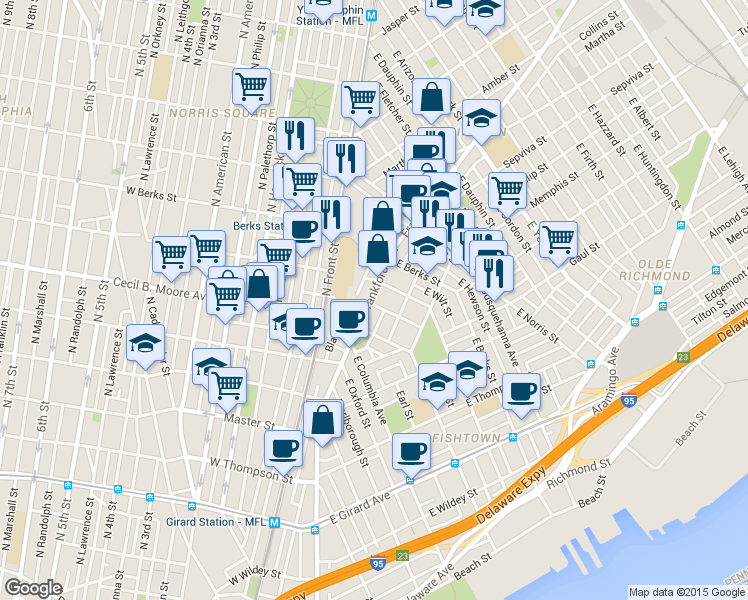 map of restaurants, bars, coffee shops, grocery stores, and more near 1767 Frankford Avenue in Philadelphia