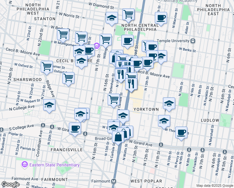 map of restaurants, bars, coffee shops, grocery stores, and more near 1516 North Sydenham Street in Philadelphia