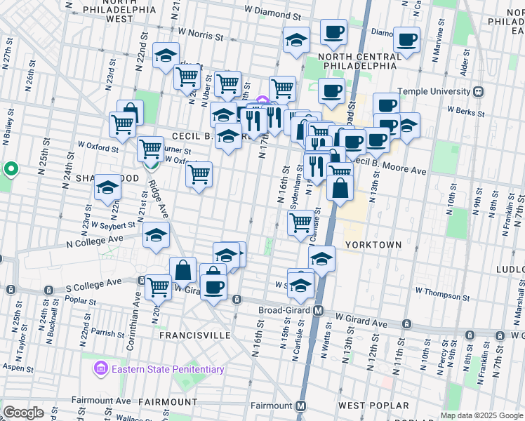 map of restaurants, bars, coffee shops, grocery stores, and more near 1684 West Jefferson Street in Philadelphia