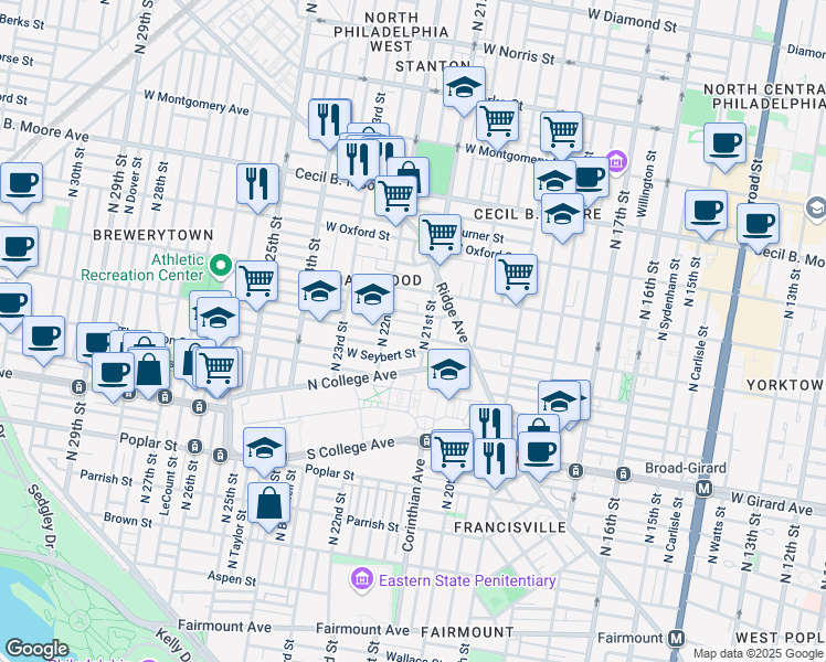 map of restaurants, bars, coffee shops, grocery stores, and more near 2122 Sharswood Street in Philadelphia