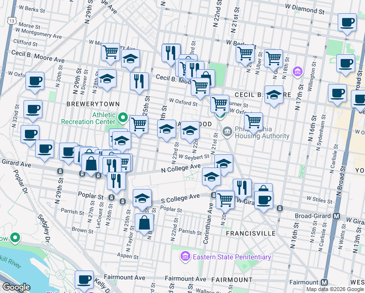 map of restaurants, bars, coffee shops, grocery stores, and more near 2213 Master Street in Philadelphia