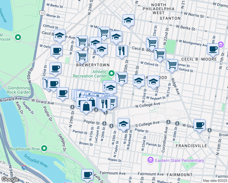 map of restaurants, bars, coffee shops, grocery stores, and more near 1328 North 26th Street in Philadelphia