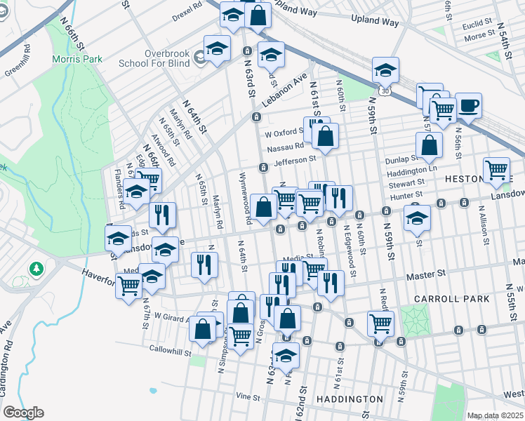 map of restaurants, bars, coffee shops, grocery stores, and more near 818 North 63rd Street in Philadelphia