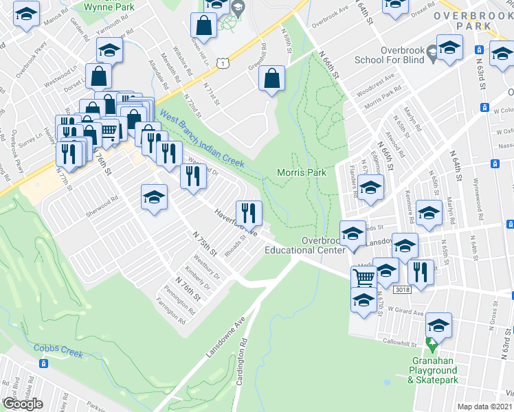 map of restaurants, bars, coffee shops, grocery stores, and more near 7322 Ruskin Road in Philadelphia