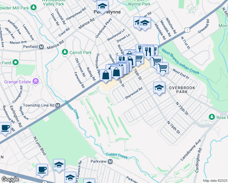 map of restaurants, bars, coffee shops, grocery stores, and more near 1851 Merribrook Road in Philadelphia