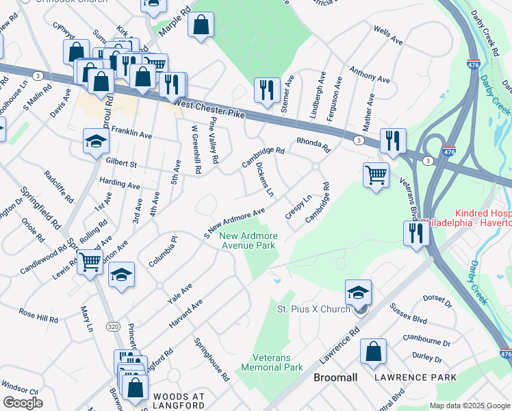 map of restaurants, bars, coffee shops, grocery stores, and more near 112 South New Ardmore Avenue in Broomall