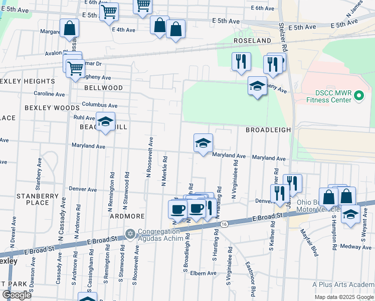 map of restaurants, bars, coffee shops, grocery stores, and more near 3016 Maryland Avenue in Columbus