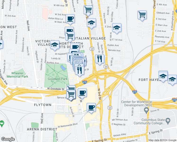 map of restaurants, bars, coffee shops, grocery stores, and more near 88 Brickel Street in Columbus