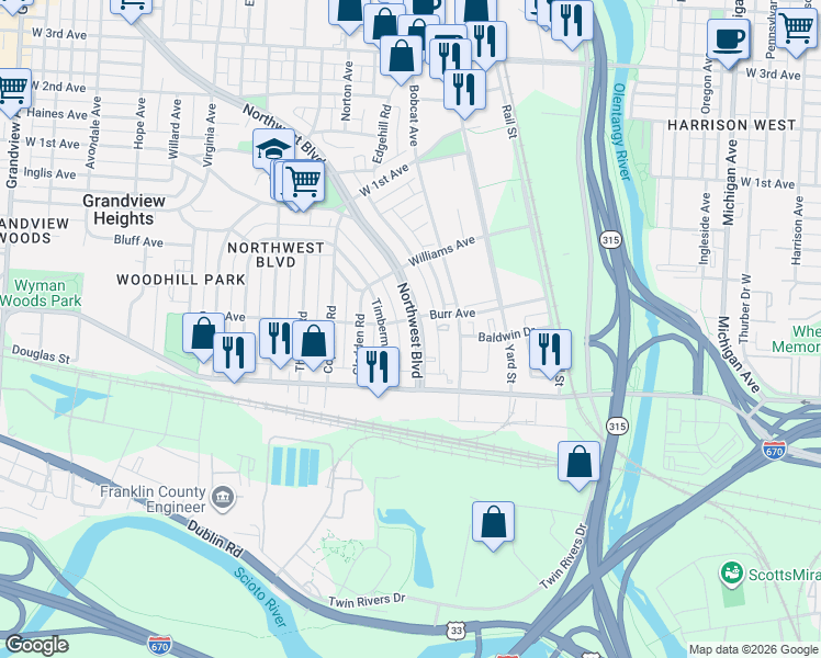 map of restaurants, bars, coffee shops, grocery stores, and more near 964 Burr Avenue in Grandview Heights