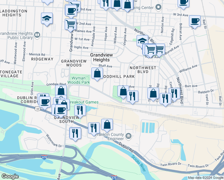 map of restaurants, bars, coffee shops, grocery stores, and more near 1296 Burr Avenue in Grandview Heights