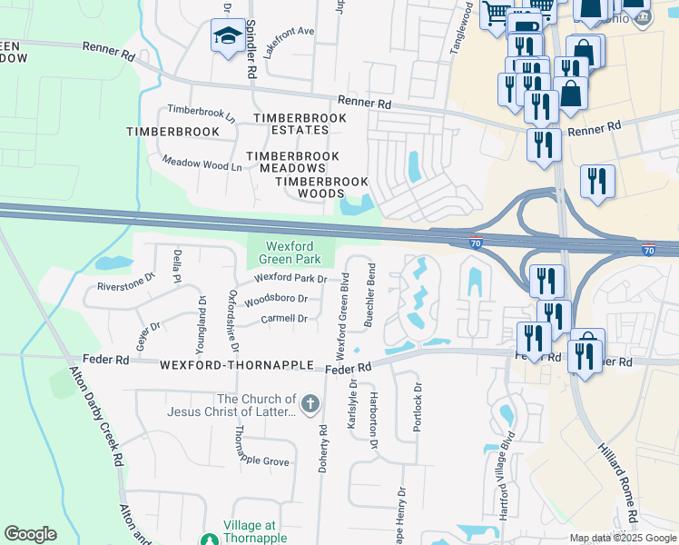 map of restaurants, bars, coffee shops, grocery stores, and more near 5986 Wexford Park Drive in Columbus