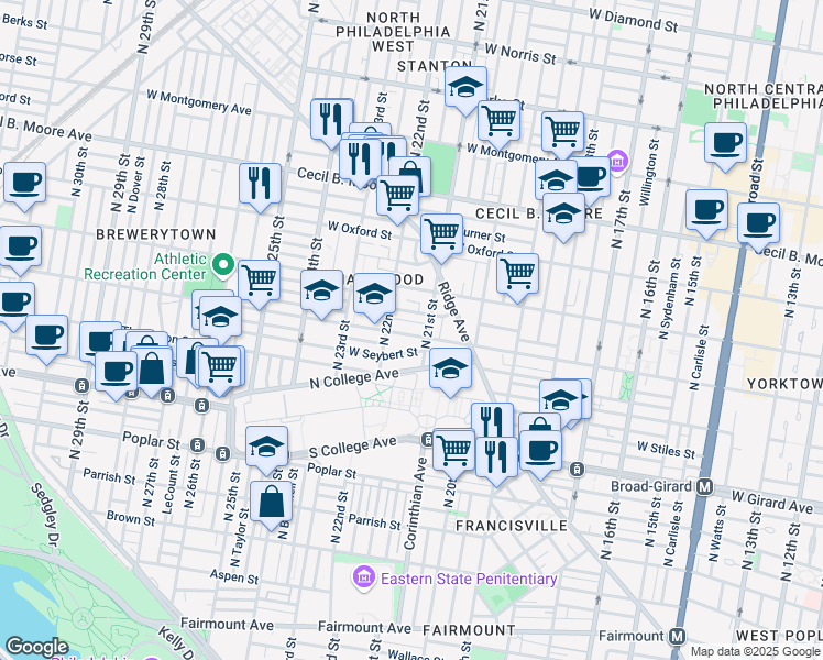 map of restaurants, bars, coffee shops, grocery stores, and more near 2122 Sharswood Street in Philadelphia