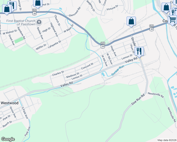 map of restaurants, bars, coffee shops, grocery stores, and more near 784 Madison Street in Coatesville