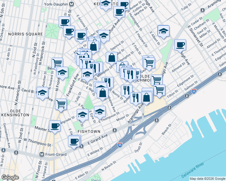 map of restaurants, bars, coffee shops, grocery stores, and more near 2437 East Dauphin Street in Philadelphia