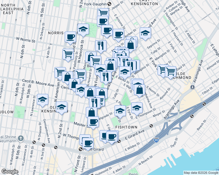map of restaurants, bars, coffee shops, grocery stores, and more near 1767 Frankford Avenue in Philadelphia