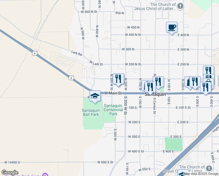 map of restaurants, bars, coffee shops, grocery stores, and more near 43 North 300 West Street in Santaquin