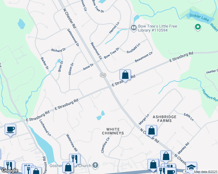 map of restaurants, bars, coffee shops, grocery stores, and more near 1598 East Strasburg Road in West Chester