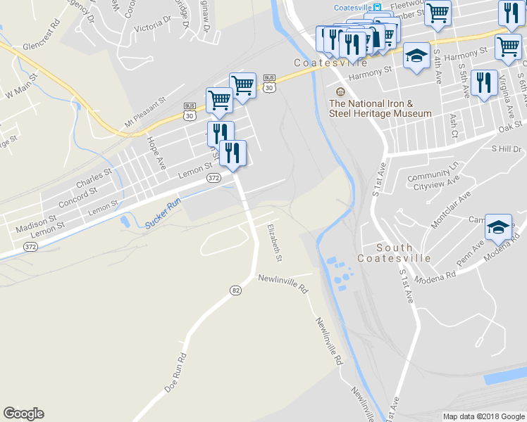 map of restaurants, bars, coffee shops, grocery stores, and more near 63 Gap Road in Coatesville