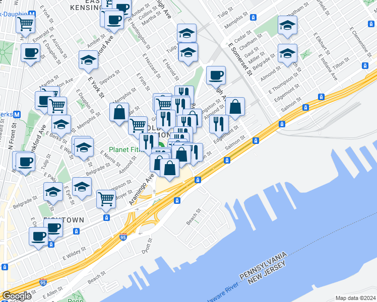 map of restaurants, bars, coffee shops, grocery stores, and more near 2511 East Thompson Street in Philadelphia