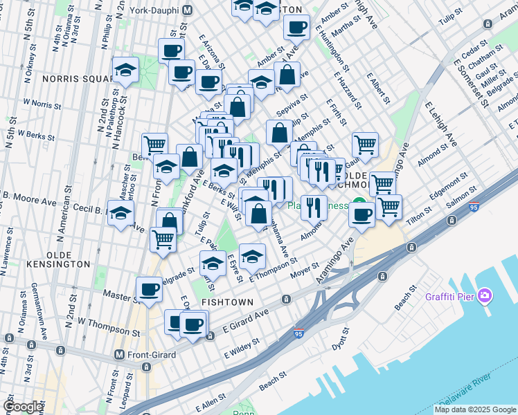 map of restaurants, bars, coffee shops, grocery stores, and more near 1523 East Hewson Street in Philadelphia