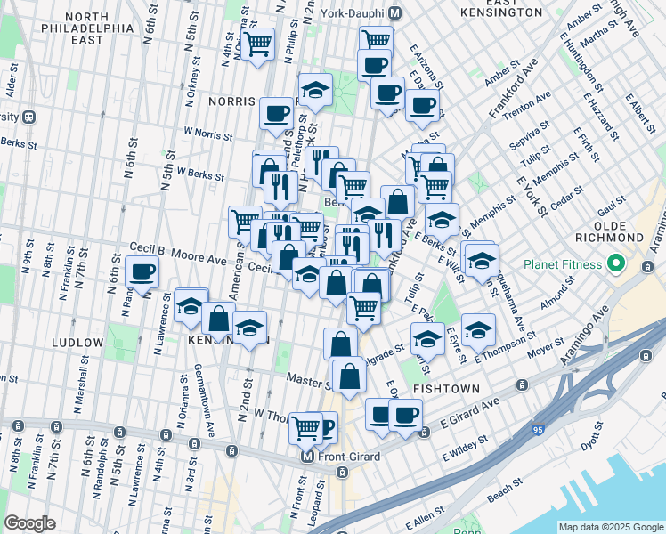 map of restaurants, bars, coffee shops, grocery stores, and more near 1731 N Howard St in Philadelphia