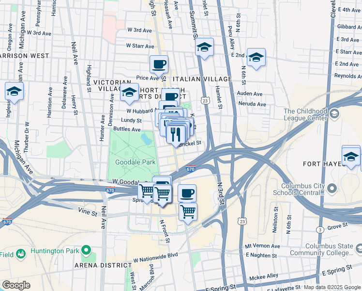 map of restaurants, bars, coffee shops, grocery stores, and more near 684 North Pearl Street in Columbus