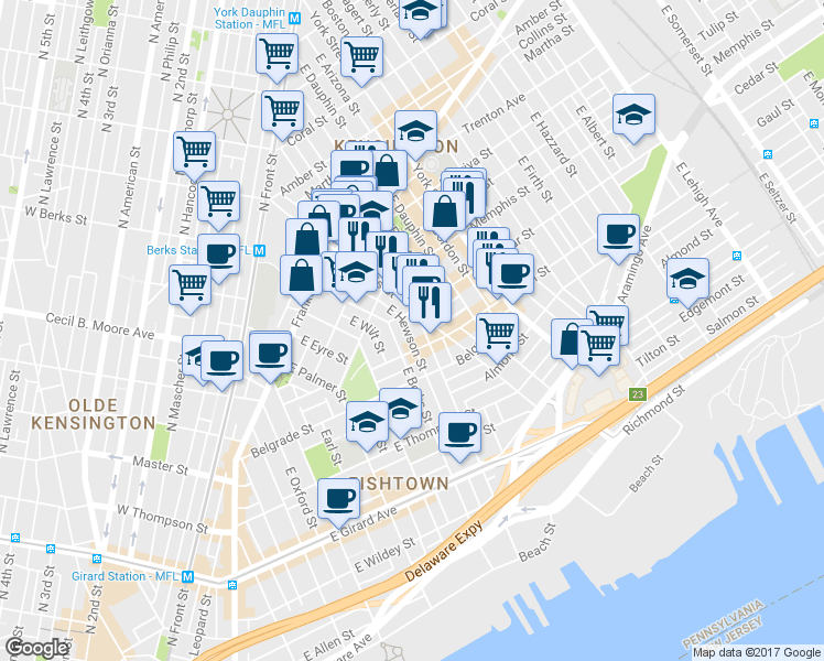 map of restaurants, bars, coffee shops, grocery stores, and more near 1523 East Hewson Street in Philadelphia