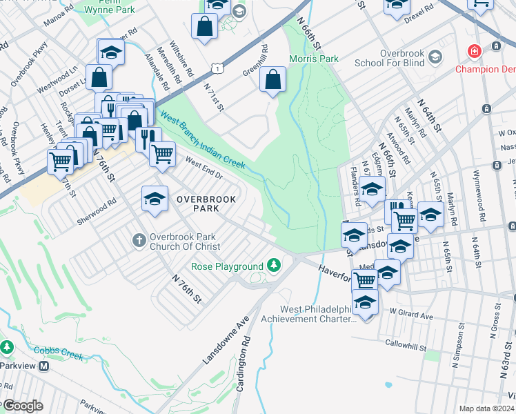 map of restaurants, bars, coffee shops, grocery stores, and more near 7326 Ruskin Road in Philadelphia