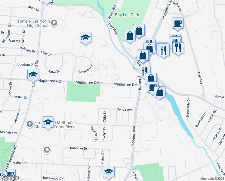 map of restaurants, bars, coffee shops, grocery stores, and more near 402 Bent Trail in Toms River