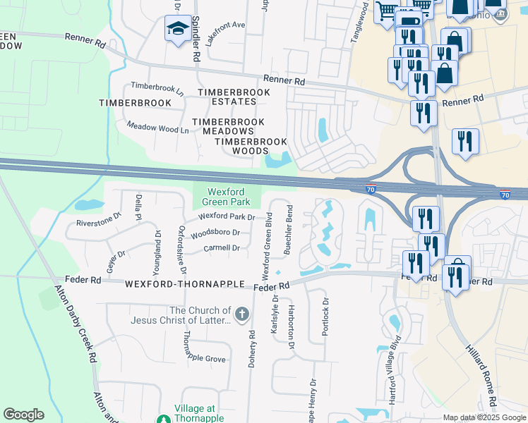 map of restaurants, bars, coffee shops, grocery stores, and more near 5986 Wexford Park Drive in Columbus