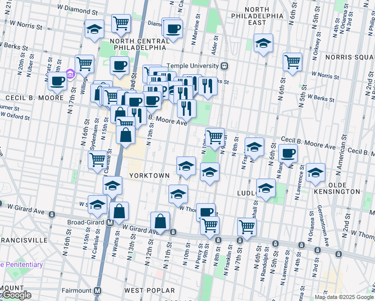 map of restaurants, bars, coffee shops, grocery stores, and more near 1551 North 11th Street in Philadelphia