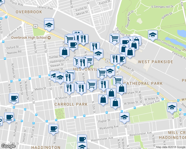 map of restaurants, bars, coffee shops, grocery stores, and more near 1528 North Conestoga Street in Philadelphia