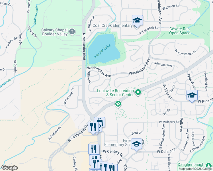 map of restaurants, bars, coffee shops, grocery stores, and more near 911 Arapahoe Circle in Louisville