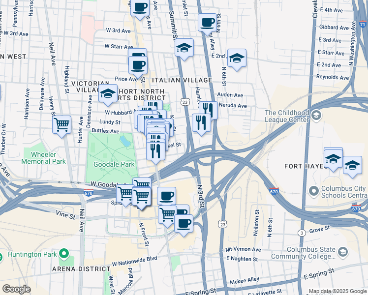 map of restaurants, bars, coffee shops, grocery stores, and more near 88 Brickel Street in Columbus