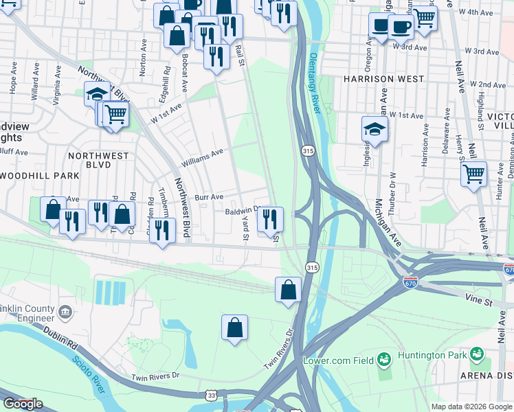 map of restaurants, bars, coffee shops, grocery stores, and more near 800 Baldwin Drive in Columbus