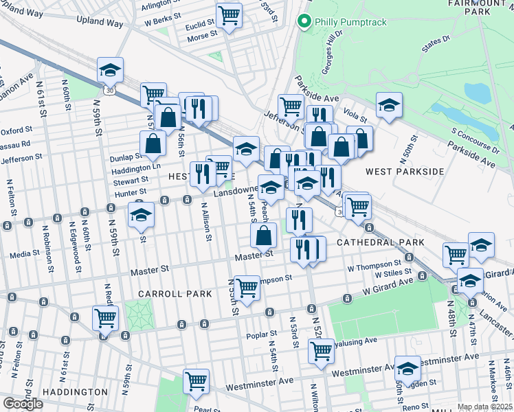 map of restaurants, bars, coffee shops, grocery stores, and more near 1521 North 54th Street in Philadelphia