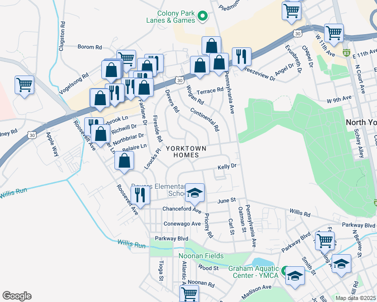 map of restaurants, bars, coffee shops, grocery stores, and more near 1197 Priority Road in York