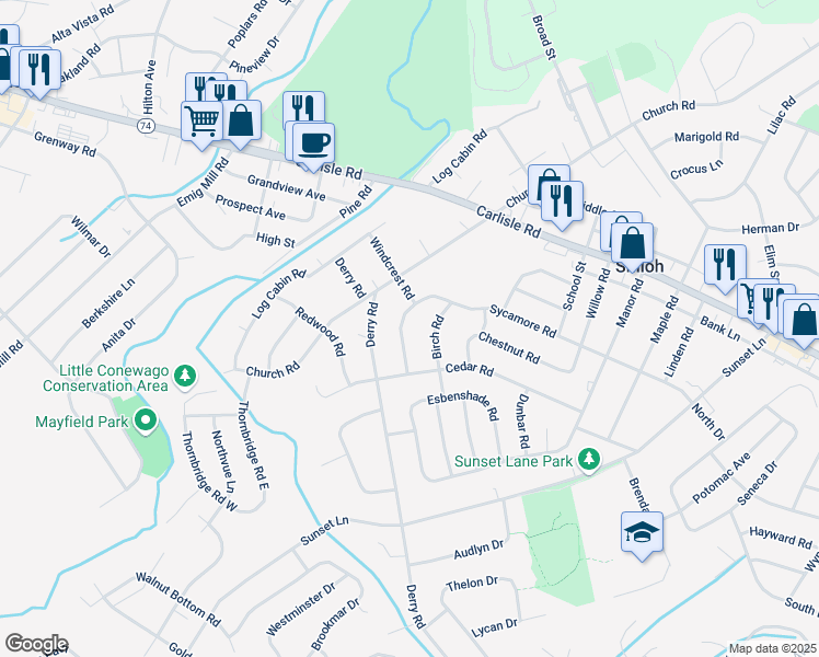 map of restaurants, bars, coffee shops, grocery stores, and more near 2316 Sycamore Road in Shiloh