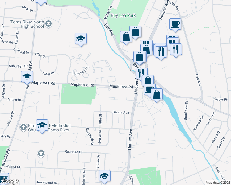 map of restaurants, bars, coffee shops, grocery stores, and more near 2 Barnes Lane in Toms River