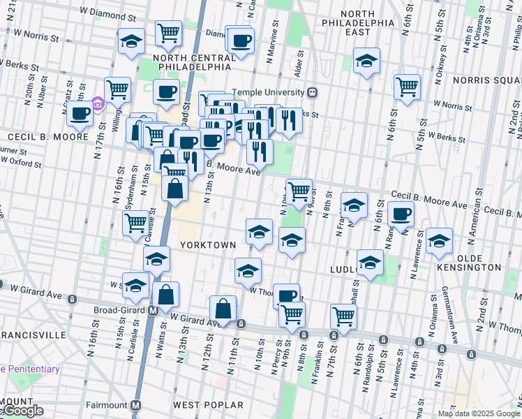 map of restaurants, bars, coffee shops, grocery stores, and more near 1551 North 11th Street in Philadelphia
