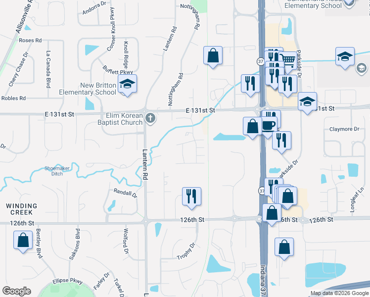 map of restaurants, bars, coffee shops, grocery stores, and more near 9063 Rider Drive in Fishers