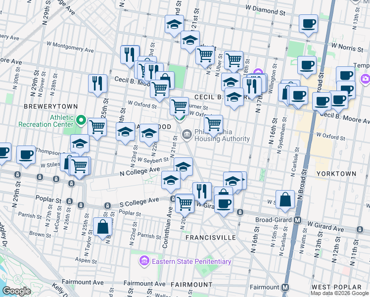 map of restaurants, bars, coffee shops, grocery stores, and more near 2046 Ridge Avenue in Philadelphia
