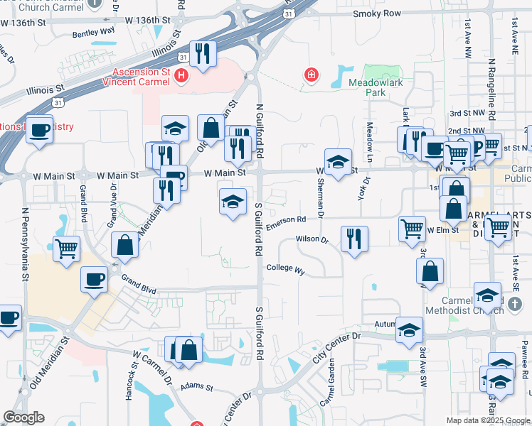 map of restaurants, bars, coffee shops, grocery stores, and more near 62 Druid Hill Court in Carmel