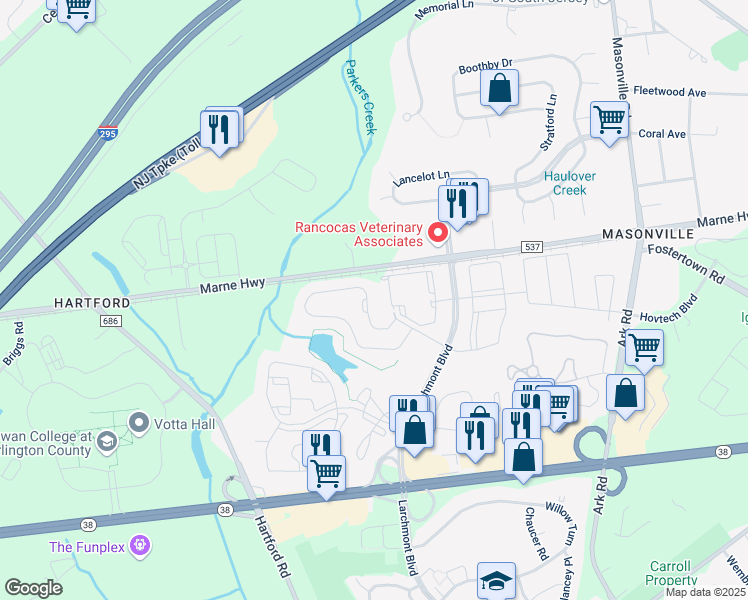 map of restaurants, bars, coffee shops, grocery stores, and more near 1816 Larchmont Place in Mount Laurel Township