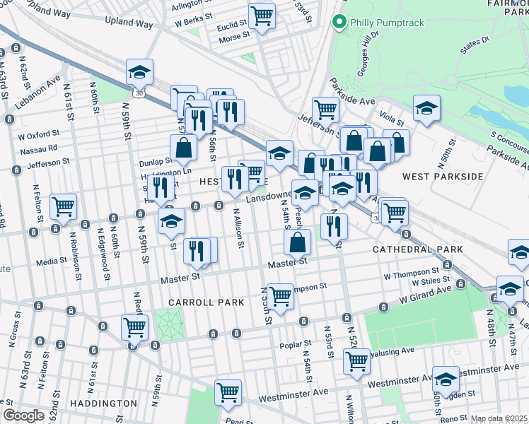 map of restaurants, bars, coffee shops, grocery stores, and more near 1528 North Conestoga Street in Philadelphia